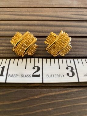 Vintage Gold Tone Clip-On Earrings Textured Beaded Knot Statement